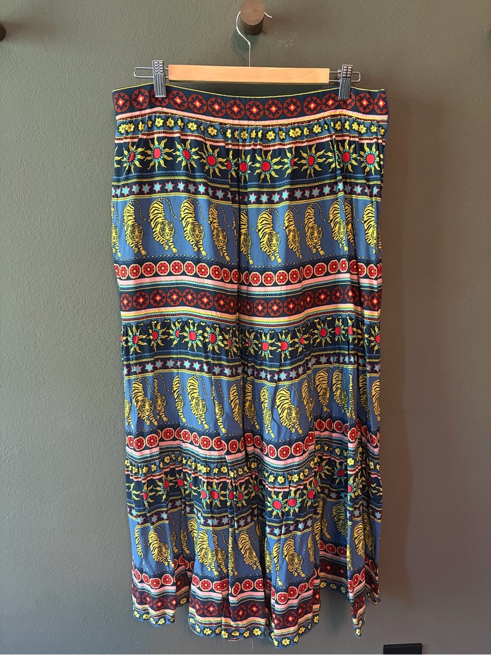 Boden Blue Maxi Skirt with Yellow Tiger & Multicolor Folk Print
